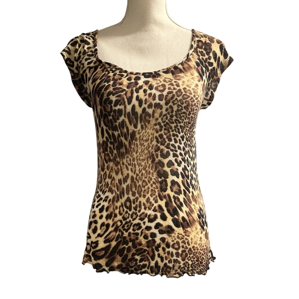 Vintage Rue 21 Top Dark Animal Print Sheer Mesh Back Fitted Size S Y2K Concert